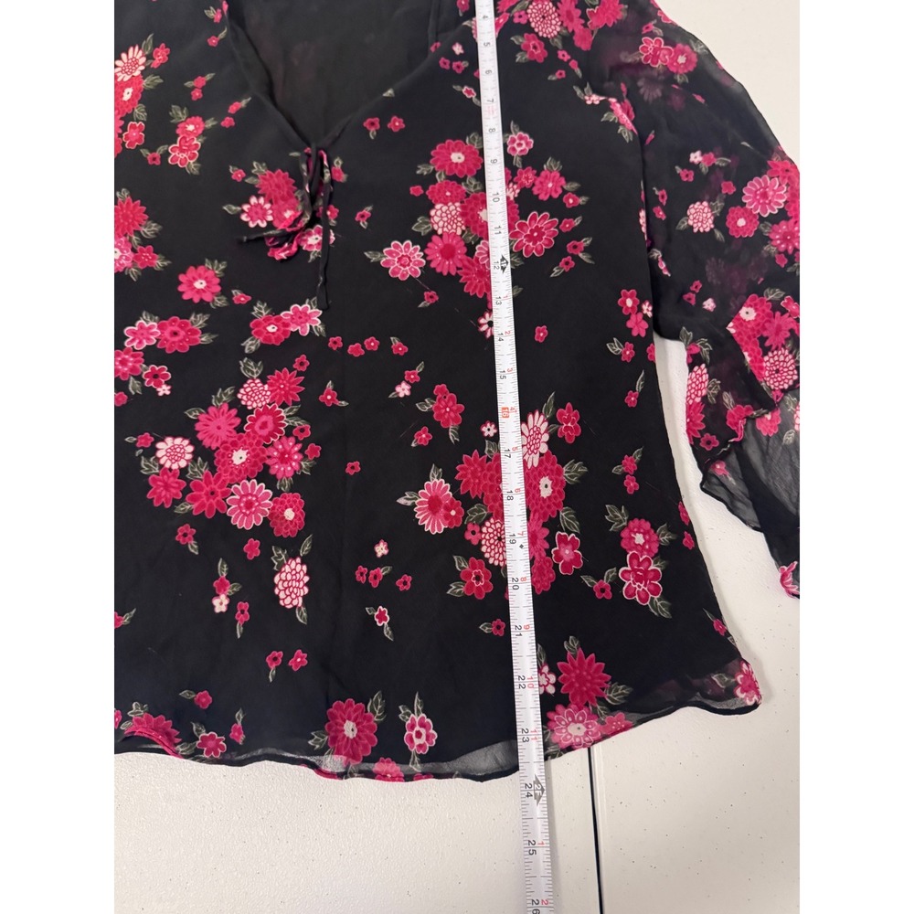 Anne Carson Black Floral Sheer V-Neck Blouse with Pink Flowers - Picture 6 of 6
